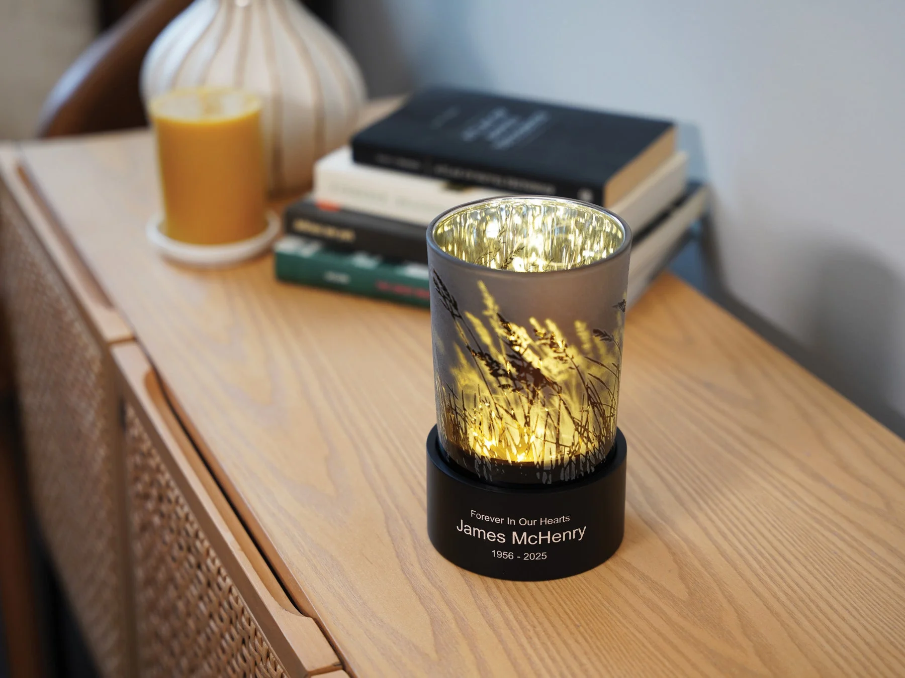 Cream Glass Keepsake Urn with Candle Holder and Prairie Design - Image 3