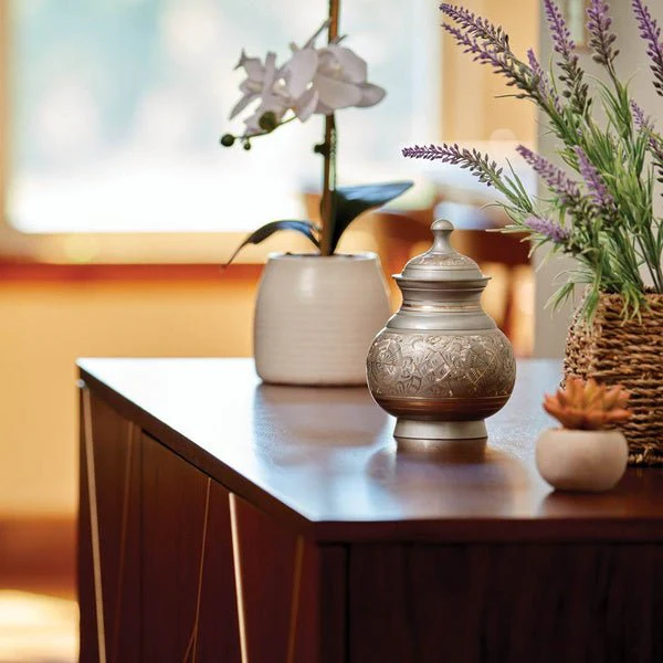 Silver Brass Small Urn with Hand-Etched Engraved Design - Image 3