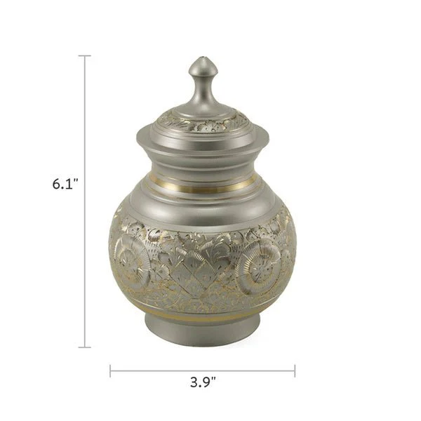 Silver Brass Small Urn with Hand-Etched Engraved Design - Image 4