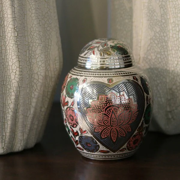 Silver Brass Small Urn with Pink Lotus Floral Etching - Image 3